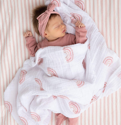 Ely's & Co. Patent Pending Waterproof Bassinet Sheet, No Need for Bassinet Mattress Pad Cover, 2 Pack Mauve Pink Splash & Stripes,for Baby Girl 32" 16"X3"