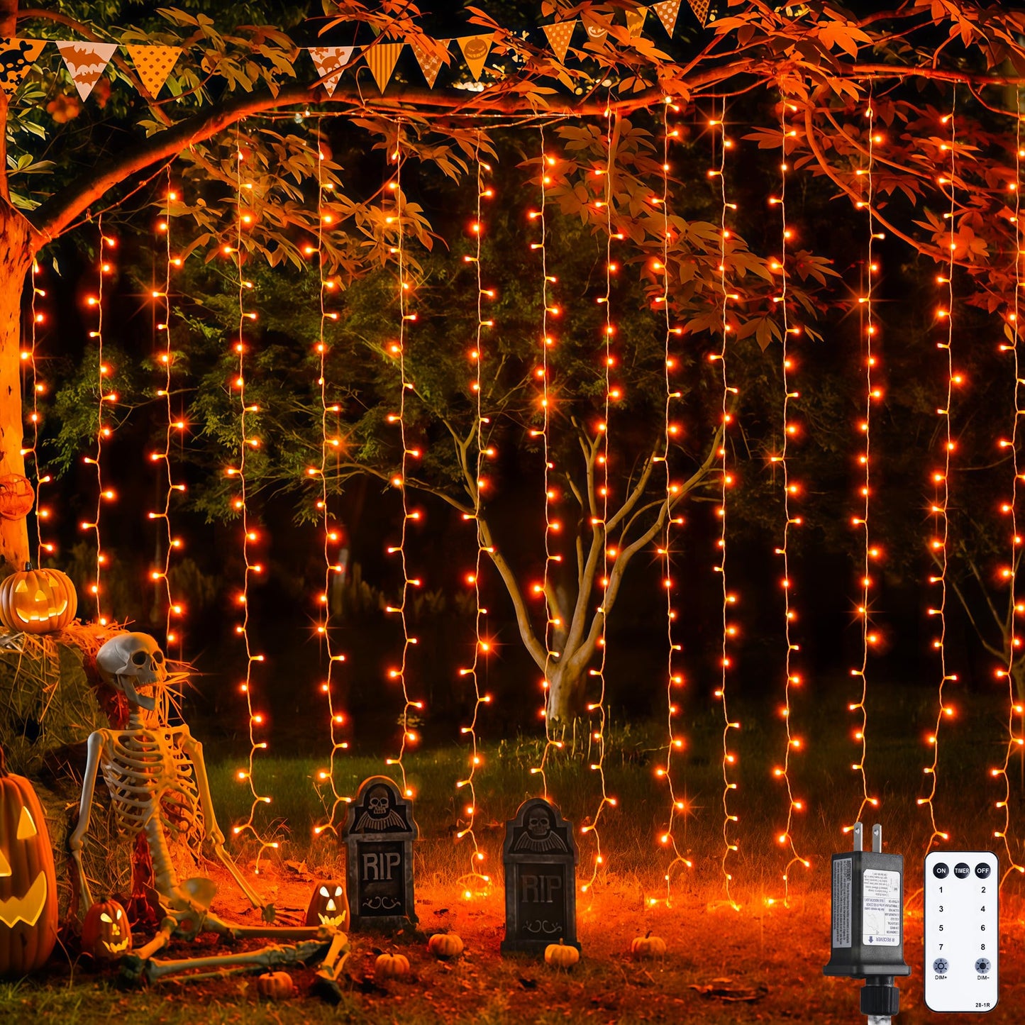 JMEXSUSS 300LED Orange Halloween Lights with Remote, 9.8x9.8ft Halloween Curtain Light, 8 Modes Orange Hanging String Lights Plug in for Fall Bedroom Thanksgiving Window Party Indoor Outdoor Decor