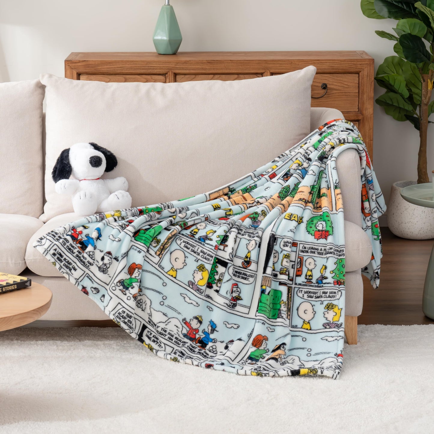 Berkshire Blanket Peanuts® VelvetLoft® Cute Character Snoopy Plush Oversized Kids Throw Blanket, Peanuts Christmas Comic Strip Colorized White (50in x 60in)
