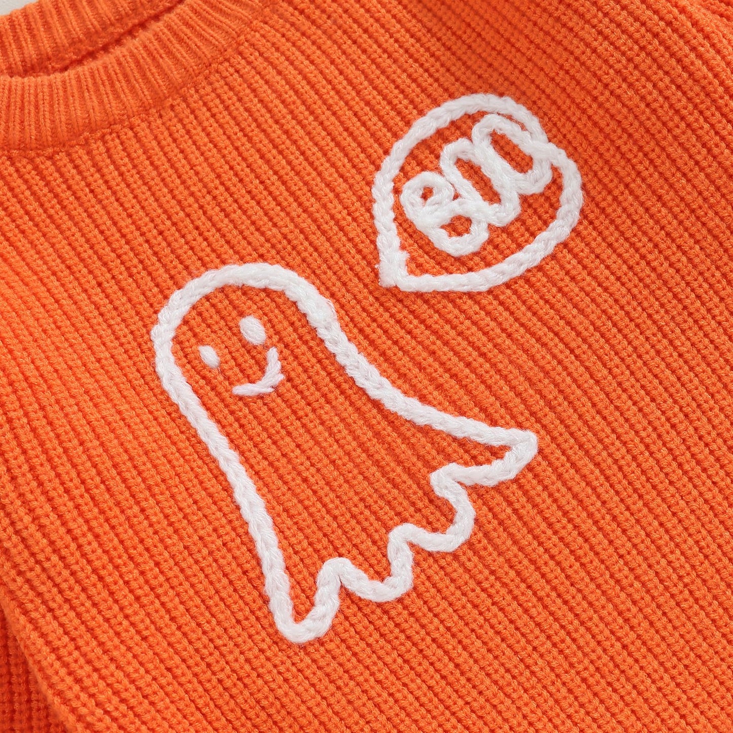 Kuriozud Toddler Baby Boy Girl Halloween Outfit Knit Ghost Boo Pullover Sweater Crewneck Sweatshirt Soft Warm Fall Winter Clothes (Ghost Orange,5-6 Years)