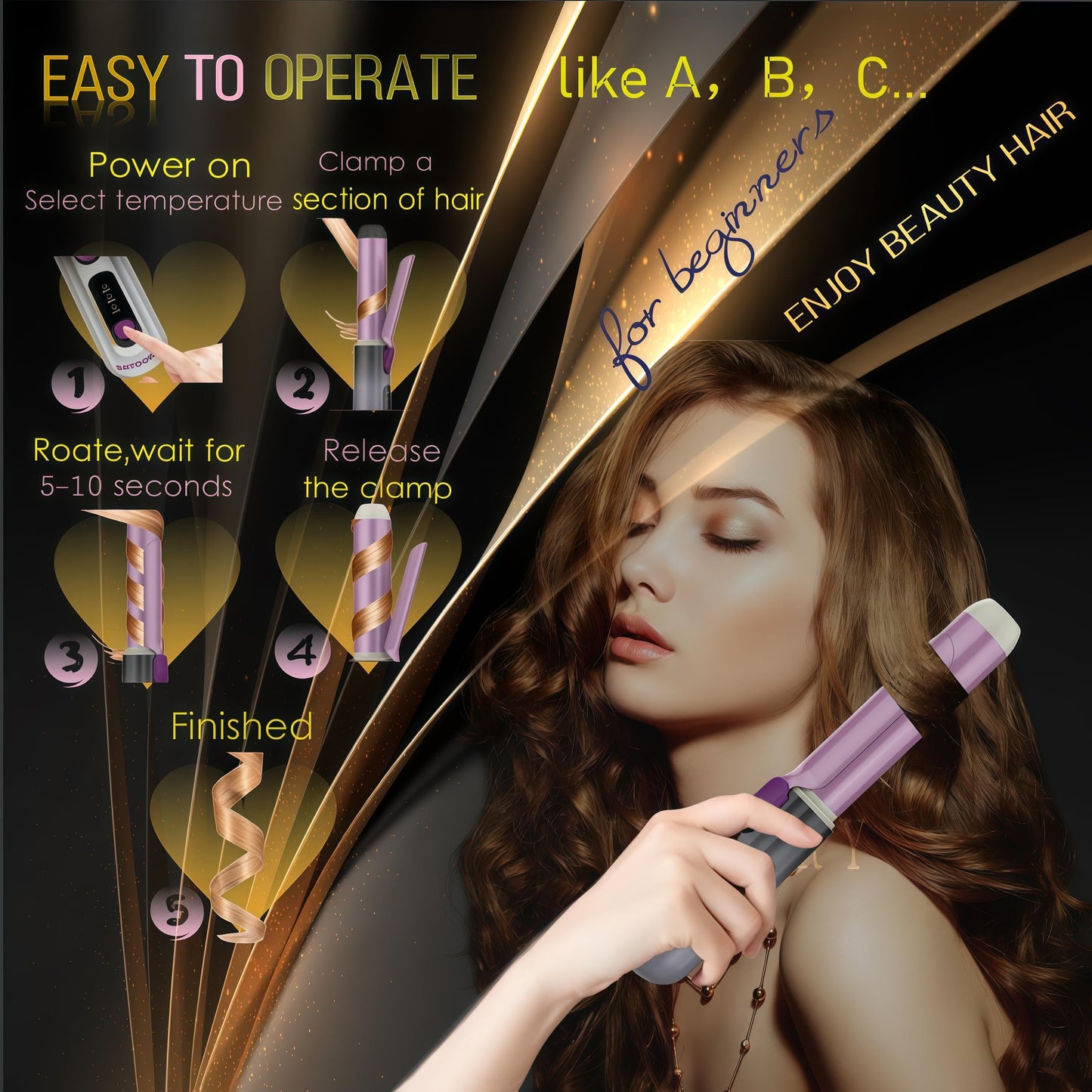 High-end Cordless Curling Iron Rechargeable, Portable USB Battery Operated Wireless Hair Curlers,Fast Heat-Up Curling Wand,Ideal for Home,Travel & Camping (Purple)