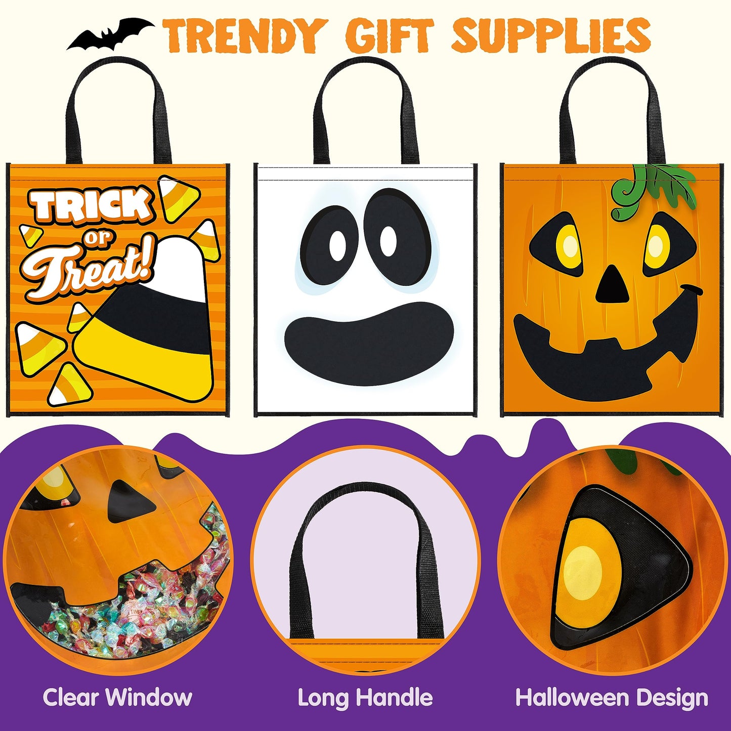 JOYIN 3 PCS Halloween Large Tote See-through Bags, 22.5” x 13.4” Halloween Goodie Candy Bags for Kids Trick or Treating, Grocery Shopping Gifts Tote with Handles, Classroom Party Favor Supplies