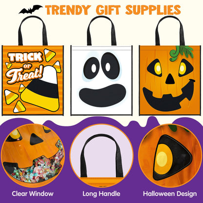 JOYIN 3 PCS Halloween Large Tote See-through Bags, 22.5” x 13.4” Halloween Goodie Candy Bags for Kids Trick or Treating, Grocery Shopping Gifts Tote with Handles, Classroom Party Favor Supplies