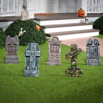 JOYIN 17” Halloween Foam RIP Graveyard Tombstones (5 Pack), Halloween Tombstones Outdoor Decorations for Graves Decorations with 12 Metal Stakes for Cemetery Yard Lawn Party Decor