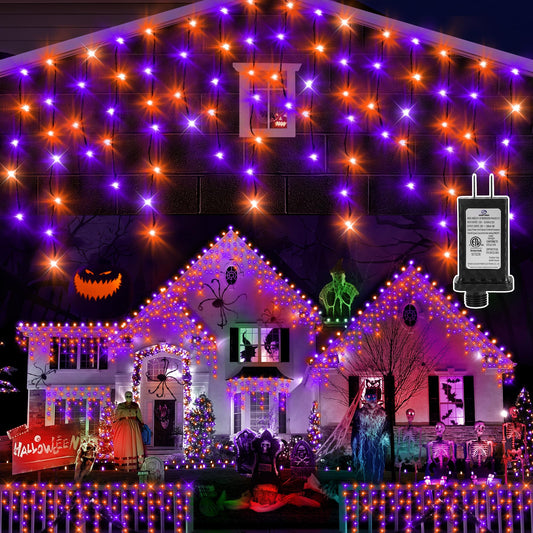 KNONEW 99FT 960 LED Orange Purple Halloween Lights Outdoor Black Wire String Lights with 180 Drops, 8 Lighting Modes, Timer Memory Function Hanging Curtain Lights for Halloween Party