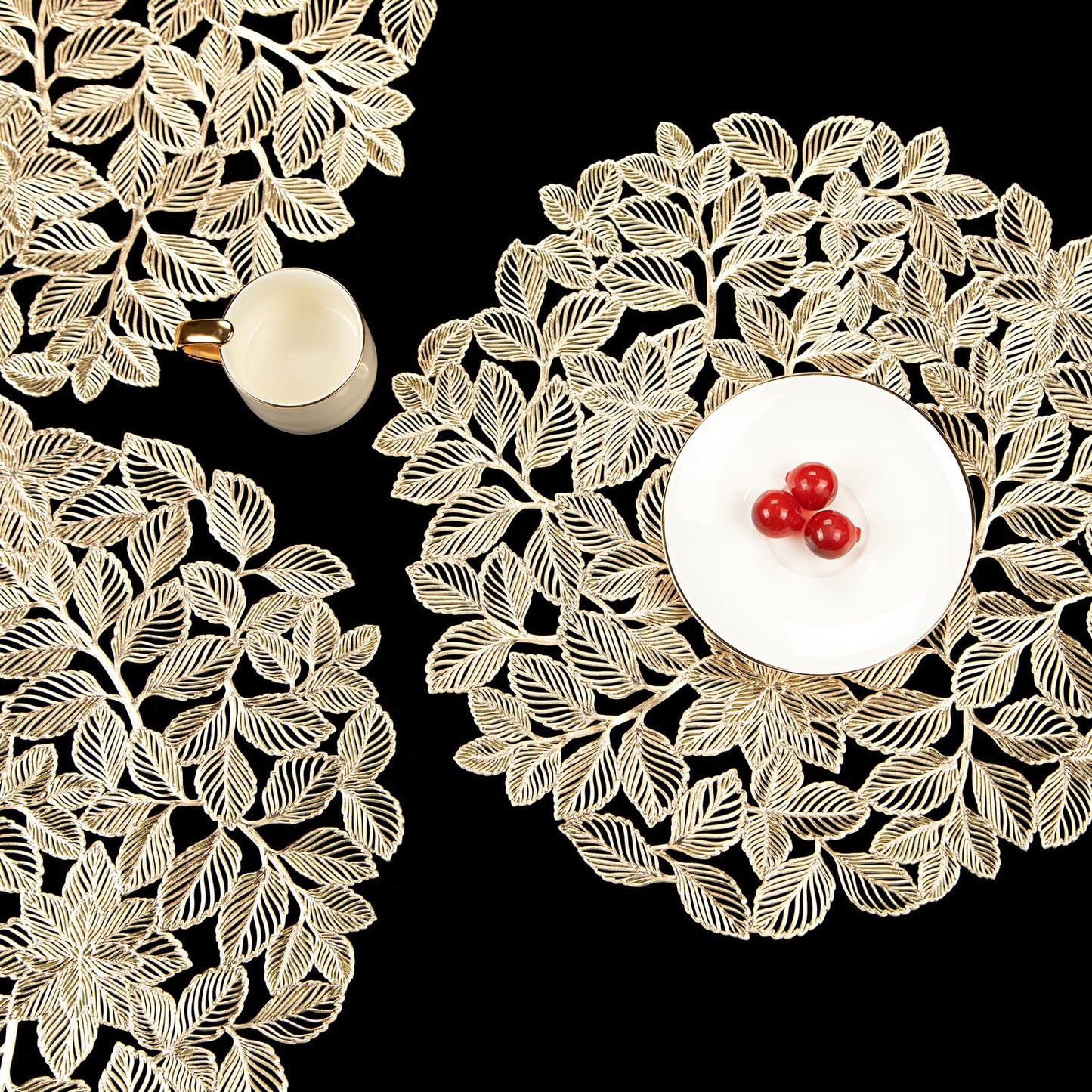 Crisjanggo Metallic Placemats Set of 6 Gold Leaf Round Placemats Non-Slip Wipeable Table Mats for Dinner,Party,Wedding Accent Centerpiece