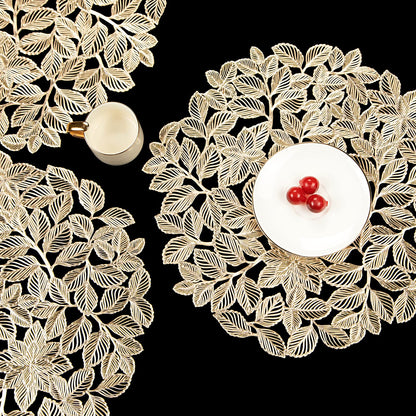 Crisjanggo Metallic Placemats Set of 6 Gold Leaf Round Placemats Non-Slip Wipeable Table Mats for Dinner,Party,Wedding Accent Centerpiece