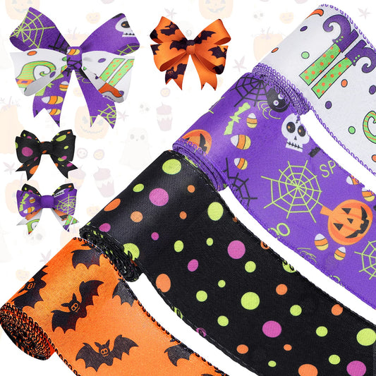 4 Rolls 20 Yards Halloween Wired Edge Ribbon Spider Web Printed Grosgrain Ribbons Halloween Theme Holiday DIY Craft Wrapping Ribbon for Home Party Decor