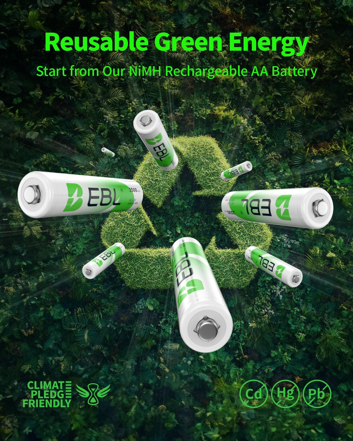 EBL AA Rechargeable Batteries 1.2V 2500mAh High Performance Pre-Charged AA Batteries - 4 Pack