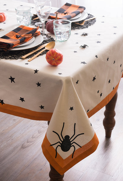DII Halloween Tabletop Collection Bold Black Stars/Spooky Spider with Orange Border on Off-White Natural Background, Machine Washable, 52x52 Tablecloth