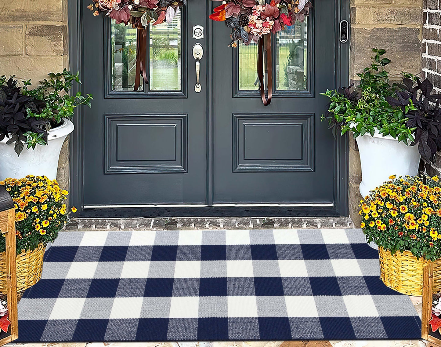 Front Porch Rug 2'X4.3' Blue and White Checkered Outdoor Rug Cotton Woven Washable Halloween Layering Door Mat for Welcome Mat Entryway Bedroom Living Room