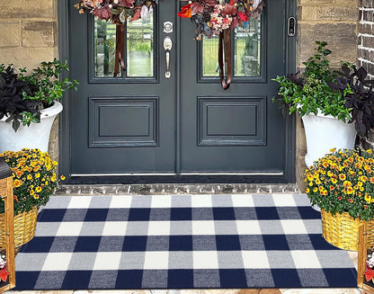 Front Porch Rug 2'X4.3' Blue and White Checkered Outdoor Rug Cotton Woven Washable Halloween Layering Door Mat for Welcome Mat Entryway Bedroom Living Room
