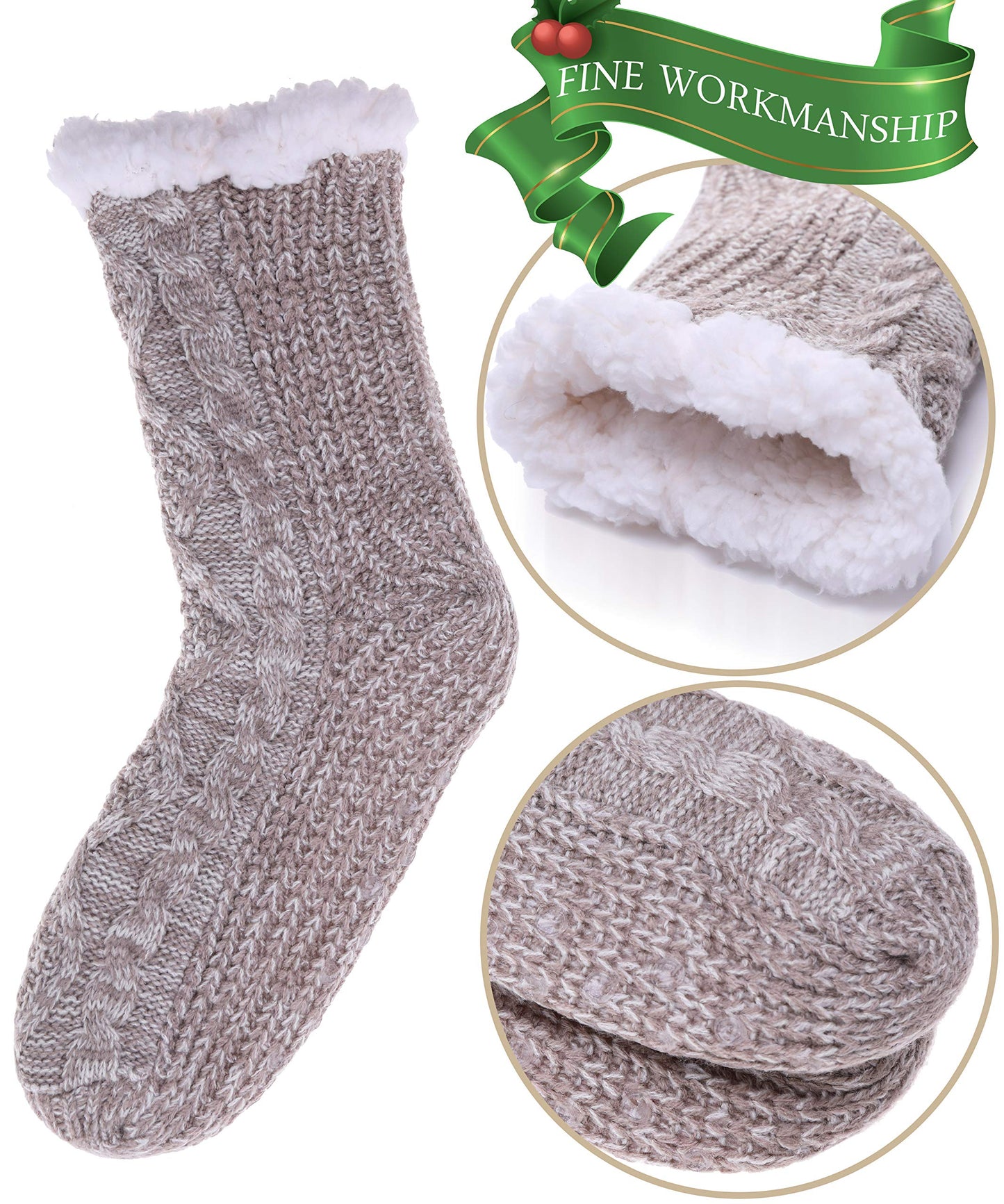 EBMORE Women Slipper Fuzzy Socks Fluffy Cozy Cabin Warm Winter Soft Thick Comfy Fleece Christmas Anti Slip Home Stocking Stuffer(Light Khaki)
