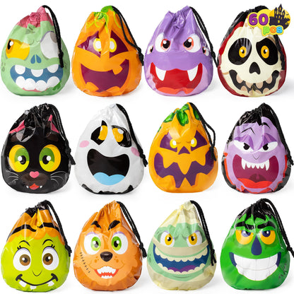 JOYIN 60PCS Halloween Drawstring Treat Bags, Trick or Treating Goodie Candy Small Plastic Gifts Bags Bulk in 12 Cute Monster Designs, Kids Halloween Party Favors Supplies