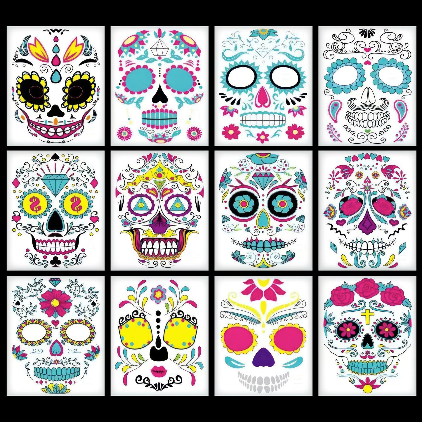 12 PCS Day of the Dead Costume Tattoos for Halloween - Temporary Sugar Skull Face Stickers for Makeup, Masquerade, Parties. Halloween tattoos, Face & Body Tattoos for Events. Day of the Dead Tattoos