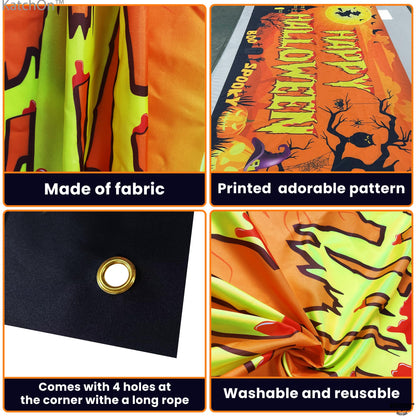 KatchOn Spooky Happy Halloween Banner - XtraLarge, 72x44 Inch | Orange Halloween Photo Backdrop for Decorations & Photography