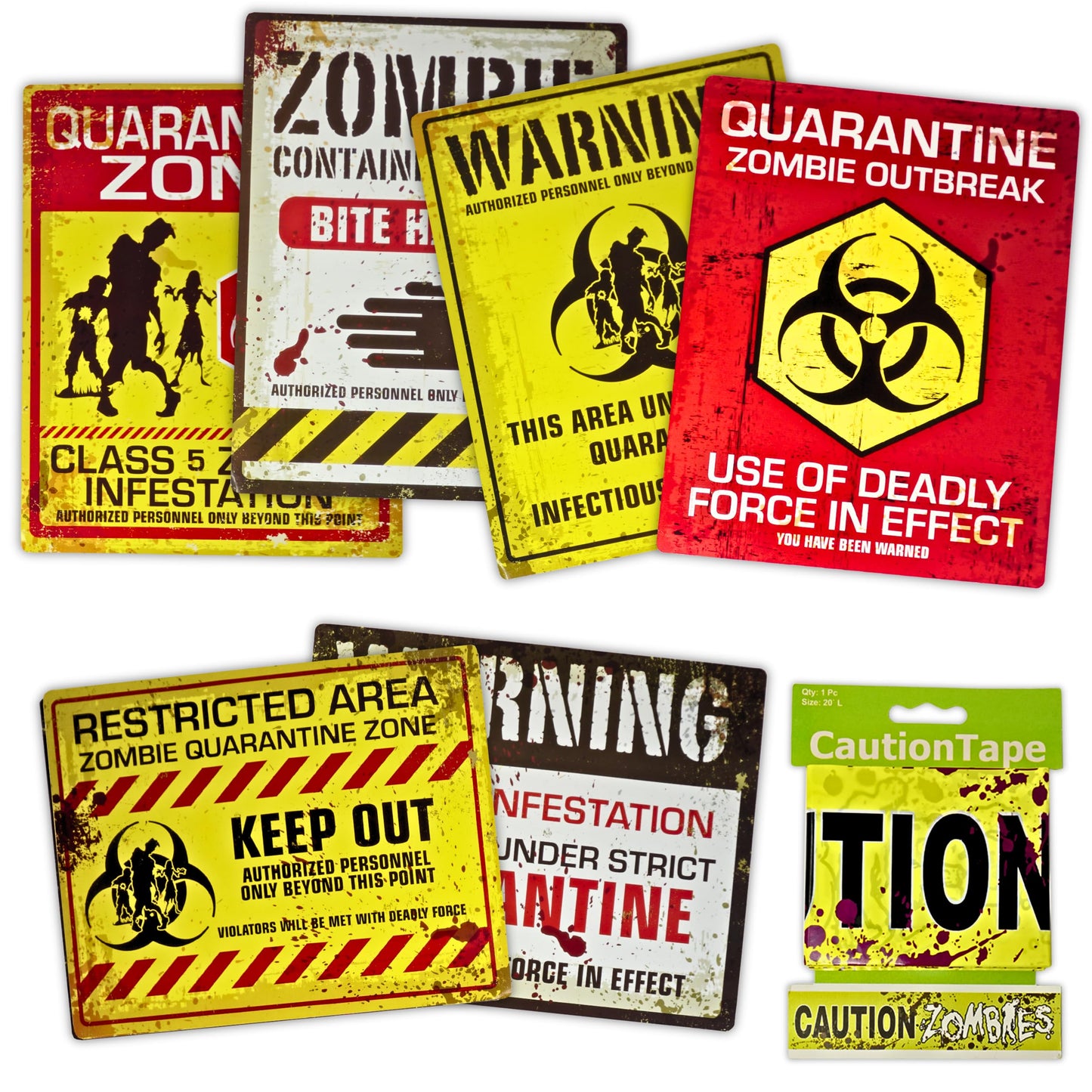 4E's Novelty 6 Warning Signs 11x14" with Caution Tape Roll 20 Feet - Halloween Zombie Party Decorations Halloween Indoor Outdoor Yard Signs Beware Danger Door Posters Haunted House Decor
