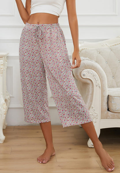 Kabento 2 Pack Womens Pajama Pants Capri Sleep Lounge Pants Drawstring Pj Bottoms with Pockets, Grey & Flowers, Large
