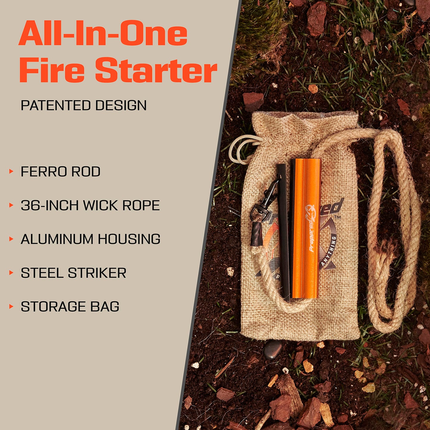 Fire Starter Survival Tool - All-in-One Patented Flint and Steel Fire Starter Kit - Ferro Rod Fire Starter with 36" Waterproof Tinder Wick Rope and Steel Fire Striker | Prepared4X