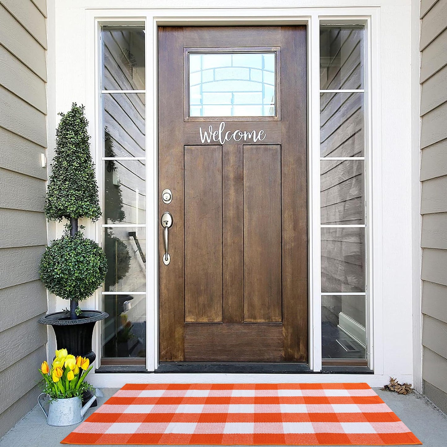 joybest Fall Buffalo Plaid Rug 27.5 x 43 Inch Orange White Front Door Mat, Cotton Hand-Woven Checkered Outdoor Rug for Front Porch, Farmhouse, Entryway