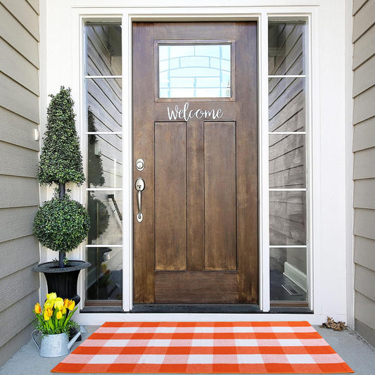 joybest Fall Buffalo Plaid Rug 27.5 x 43 Inch Orange White Front Door Mat, Cotton Hand-Woven Checkered Outdoor Rug for Front Porch, Farmhouse, Entryway