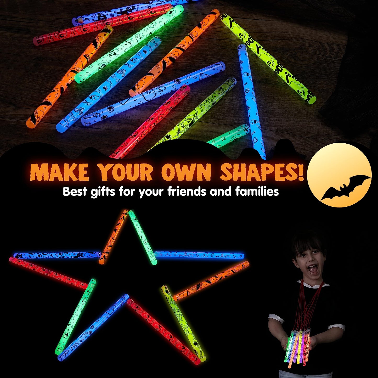 JOYIN 24 Pcs Halloween Glow Stick Hanging Wands in 8 Different Pattern Designs and 6 Colors for Kids Party Favors, Halloween Party Supplies, Glow in the Dark, Goodies Bags Fillers, Non Candy Treats