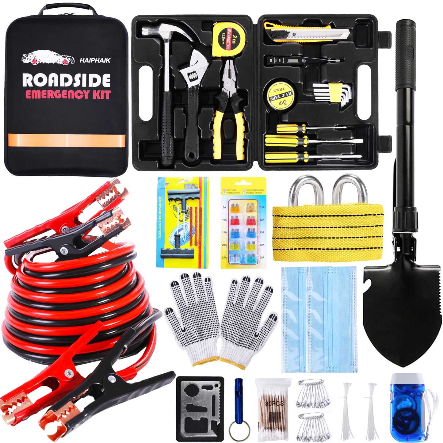 HAIPHAIK Emergency Roadside Kit for Car,Emergency Kits for Vehicles,Safety Kits for Cars, Car Jumper Cables Kit(11.8 Foot Upgrade) 124 Pcs,Tow Strap, Folding Survival Shovel,Car Tool Kit