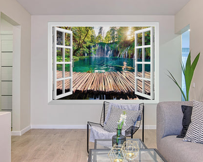 FLFK Fake Window Wall Mural - Waterfalls in The Jungle Faux Window Wall Sticker for Wall Decor, Stick and Peel Wall Decals,80"x60",Set of 5 Sheets