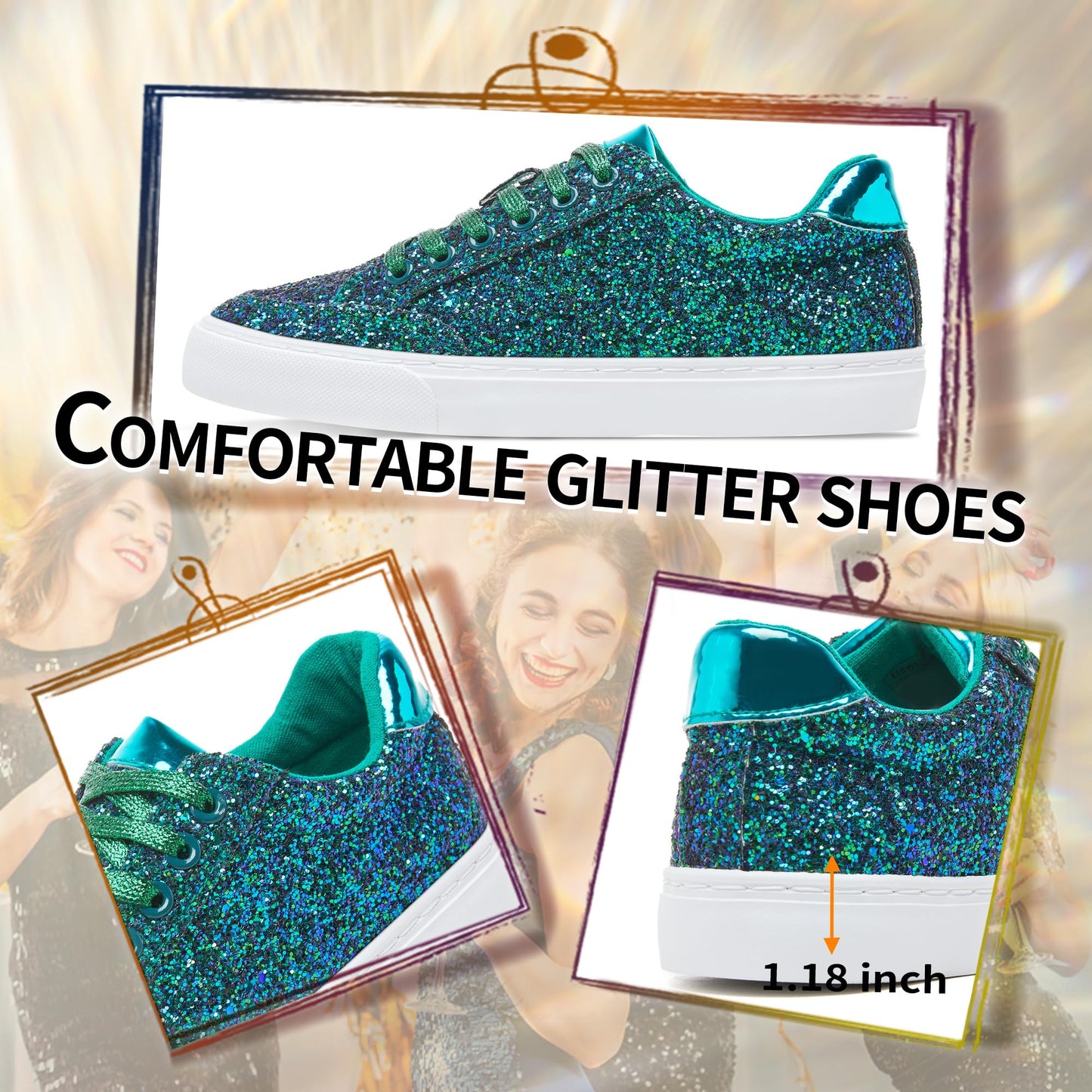 Jeekopeg Glitter Sparkly Fashion Sneakers Shoes Shiny Casual Shoes Bling Sequin Concert Low Cut Lace up Shoes(Green Glitter,8 Women/6.5 Men)