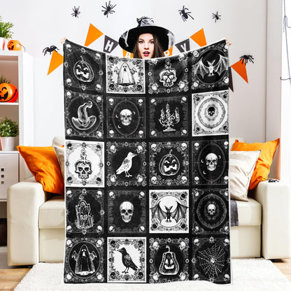 Halloween Throw Blanket, Gothic Black Pumpkin Bat Ghost Skull Webs Witch's Hat Checkered Horror Blankets, Warm Soft Spooky Nights Blanket for Home Living Room Sofa Couch Bed,50X60IN