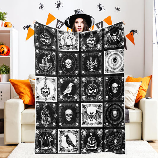 Halloween Throw Blanket, Gothic Black Pumpkin Bat Ghost Skull Webs Witch's Hat Checkered Horror Blankets, Warm Soft Spooky Nights Blanket for Home Living Room Sofa Couch Bed,50X60IN