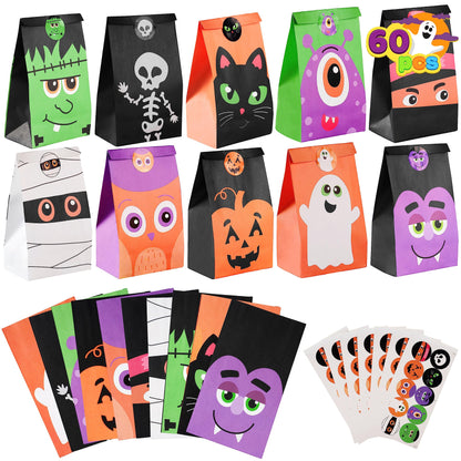 JOYIN 60 PCS Halloween Treat Bags, Goodie and Candy Bags with Stickers Party Supplies Trick or Treat for Kids Halloween Party Favors Exchange, Holiday Pastries Supplies