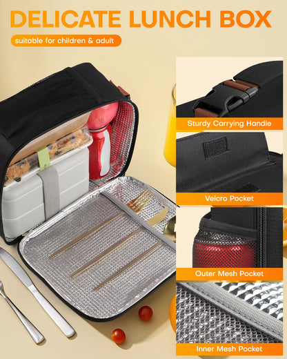 HOTOR Lunch Bag for Men & Women - Large Capacity Insulated Lunch Bag with Mutiple Pockets, Easy-Carrying & Wear-Resistant Cooler Lunch Box for Office, Picnic, Black, 9.06" x 4.33" x 10.63"