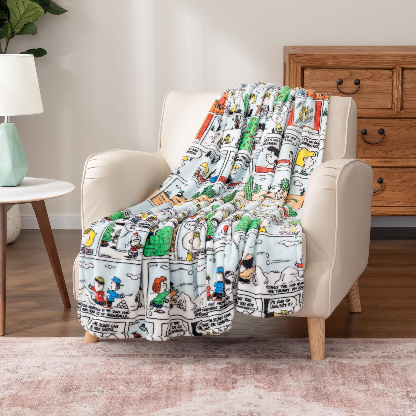 Berkshire Blanket Peanuts® VelvetLoft® Cute Character Snoopy Plush Oversized Kids Throw Blanket, Peanuts Christmas Comic Strip Colorized White (50in x 60in)