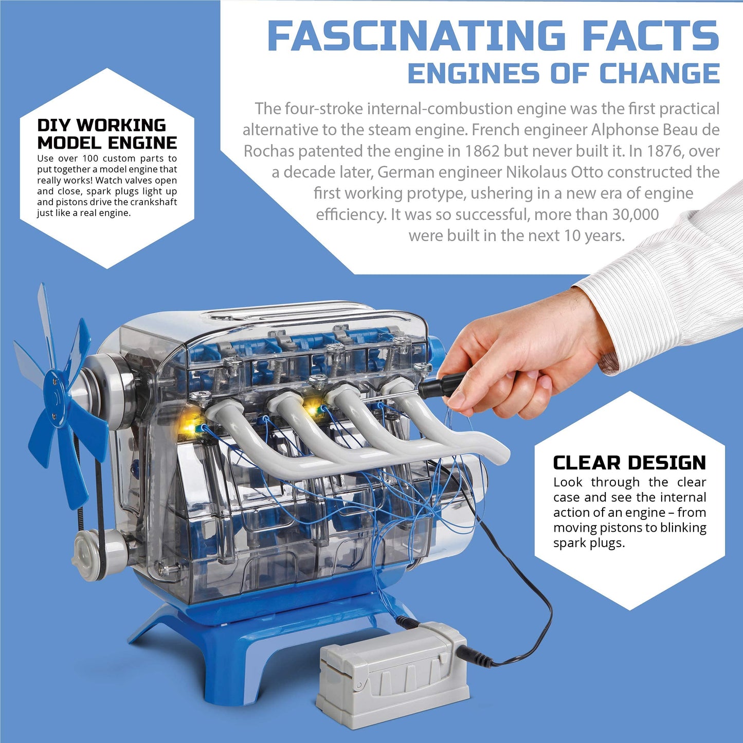 Discovery Model Engine Building Kit, DIY 4-Cylinder Combustion Engine, Working Pistons Fan Valves Belts LED Lights, STEM Mechanic Engineering Construction Experiment Set, Kids & Adults Gift