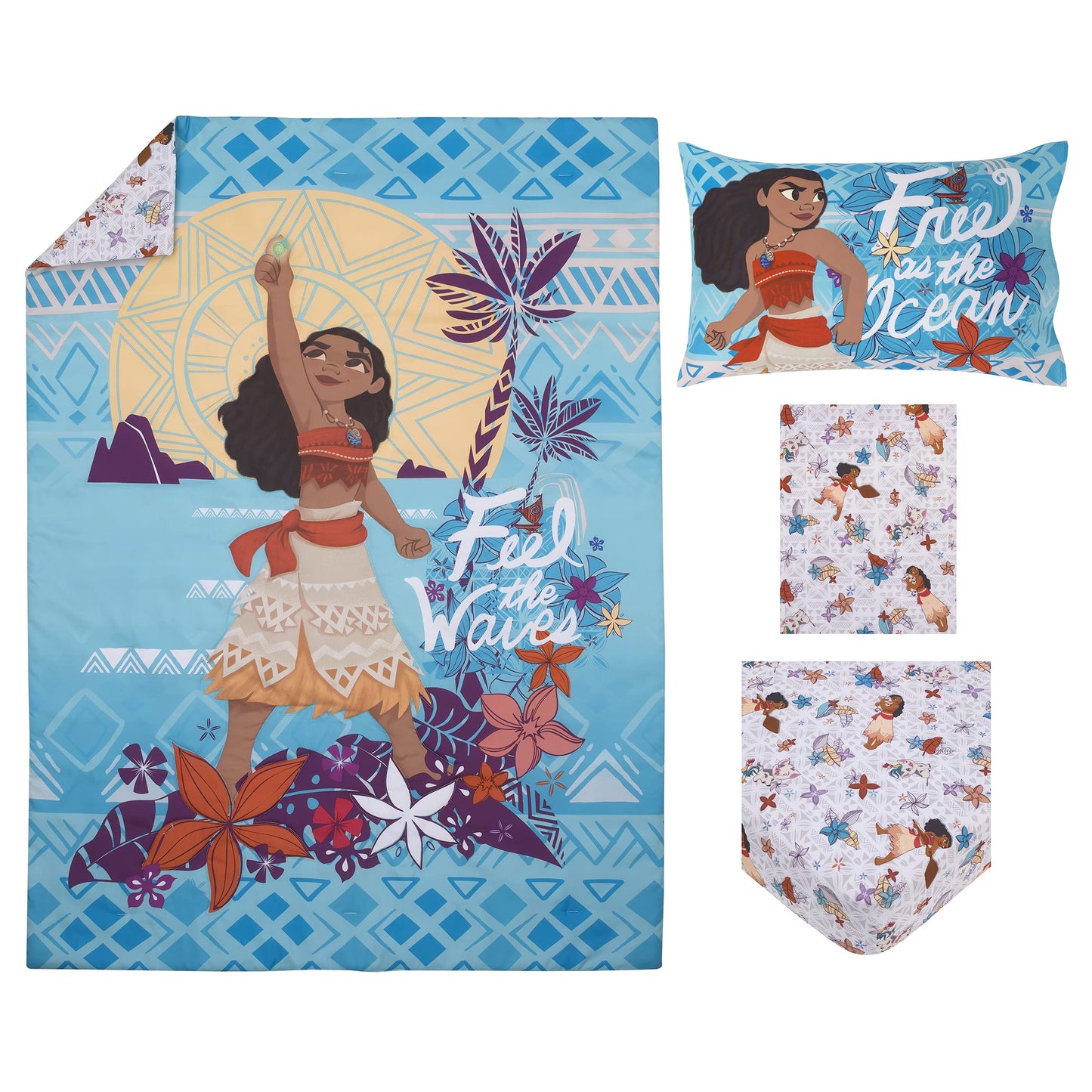 Disney Moana Free as The Ocean Aqua, Purple, Orange and White Tropical 4 Piece Toddler Bed Set - Comforter, Fitted Bottom Sheet, Flat Top Sheet, and Reversible Pillowcase