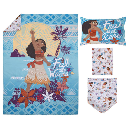 Disney Moana Free as The Ocean Aqua, Purple, Orange and White Tropical 4 Piece Toddler Bed Set - Comforter, Fitted Bottom Sheet, Flat Top Sheet, and Reversible Pillowcase