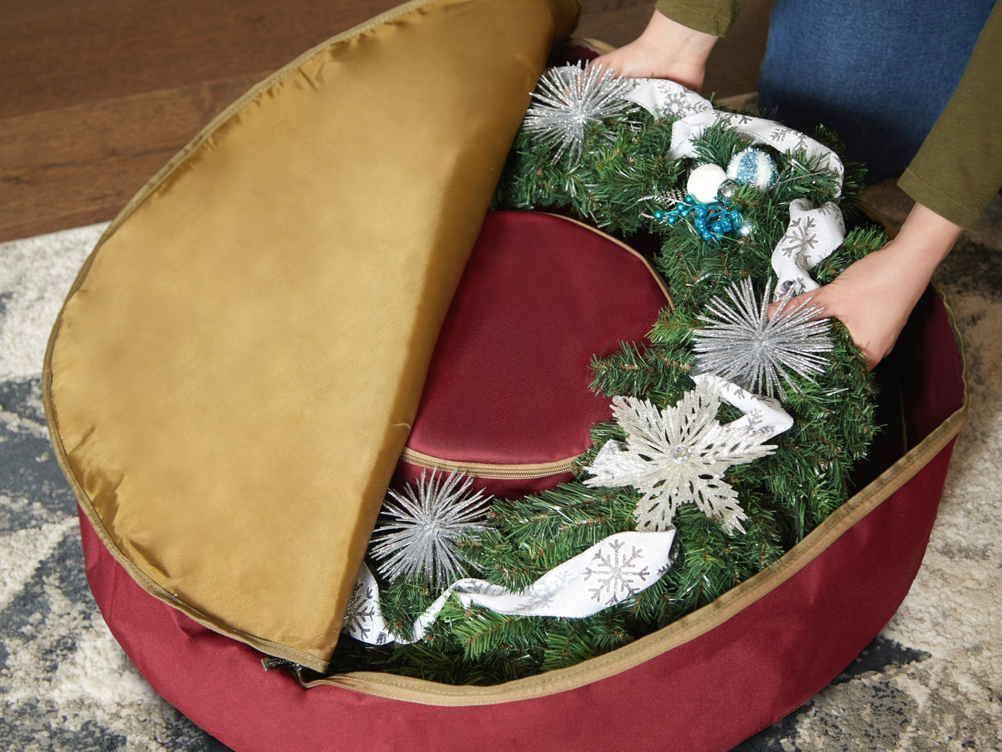 Covermates Keepsakes Christmas Wreath Storage Bag - Heavy Duty Polyester - Interior Pouch - Dual Zipper Pulls - Holiday Storage, Red