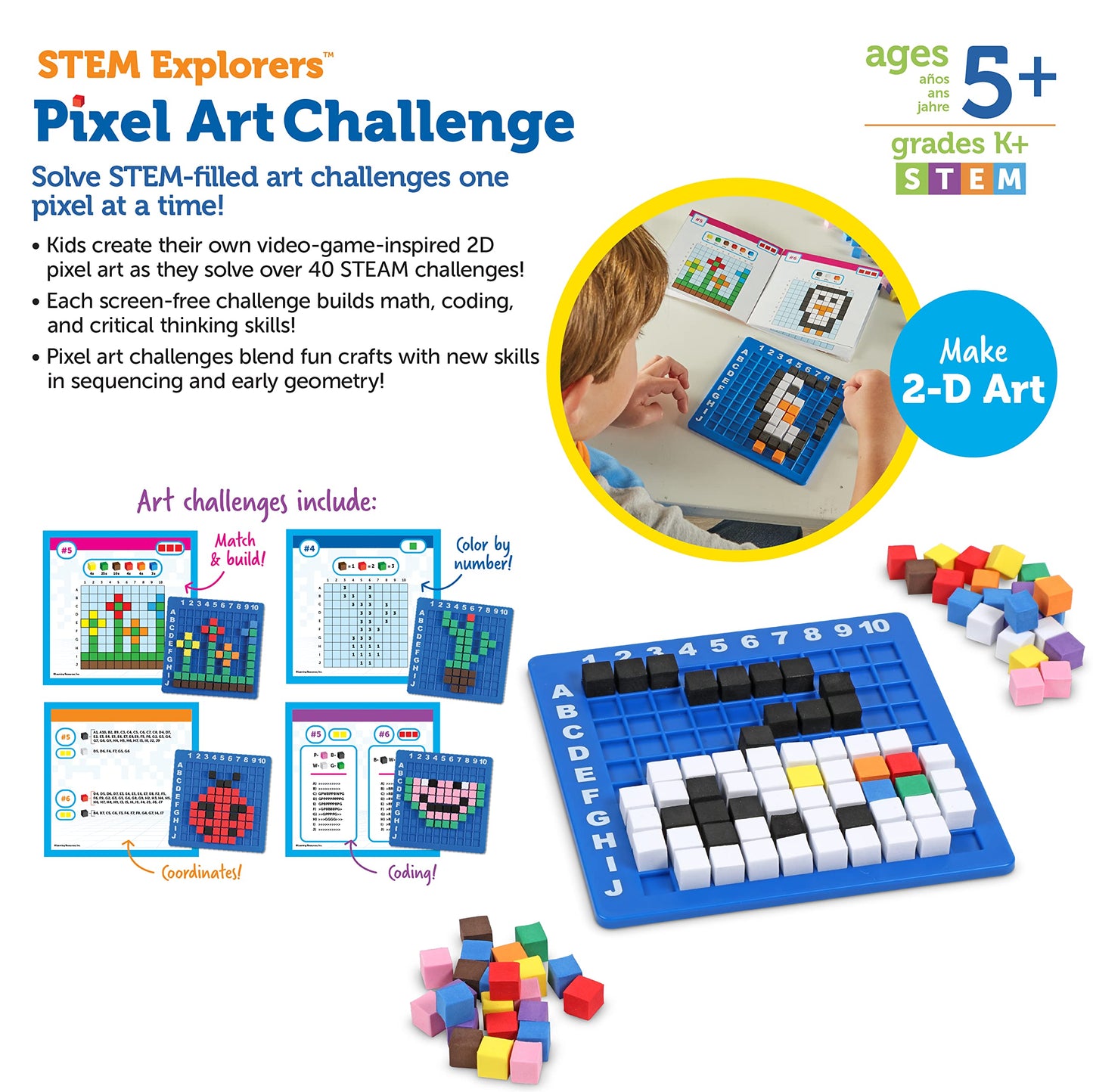 Learning Resources STEM Explorers Pixel Art Challenge - Math Puzzles, Pattern Blocks, Creativity for Kids Sensory Bin, Arts and Crafts, Math Manipulatives, Building Toys, Montessori