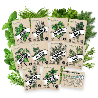 Culinary Herb Seeds Variety Pack: 10 Spice Herbs, Hydroponic Garden Indoors, Heirloom Planting Basil, Parsley, Sage, Thyme, Rosemary, Cilantro, Chives Dill Oregano, Summer Savory by Sustainable Sprout