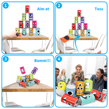 JOYIN 13 Pcs Carnival Bean Bag Toss, Knockdown Can Game Set, Holiday & Birthday Party Games, Outdoor Lawn Yard Activity for Kids Party Favors, Easter Egg Hunt for Classroom Gifts (Monster Style)
