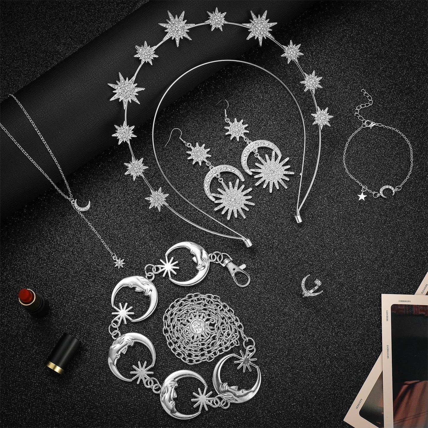Glenmal 6 Pcs Halloween Crown Moon Star Headband Celestial Earrings Belt Jewelry for Wedding Moon Goddess Costume Accessories(Silver)