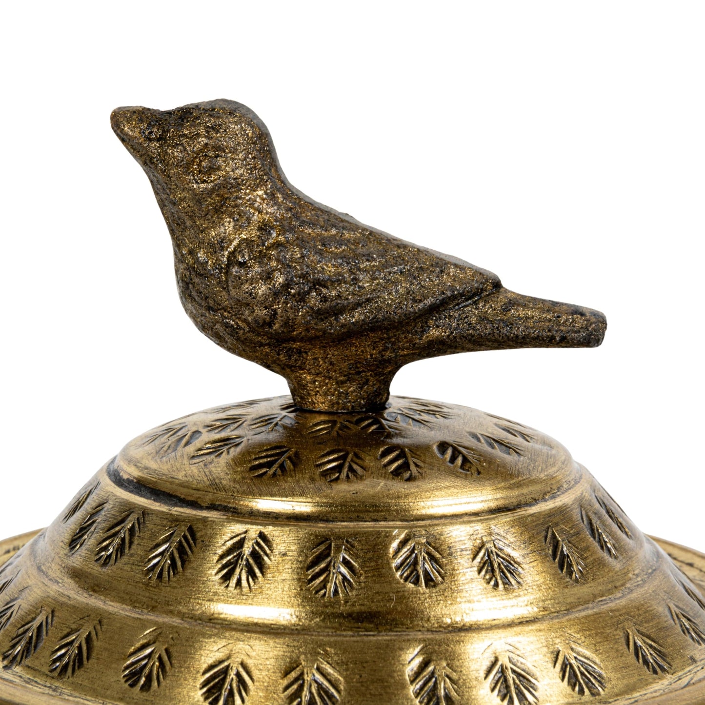 Creative Co-Op Round Hammered Metal Container with Bird Finial, Brass Finish
