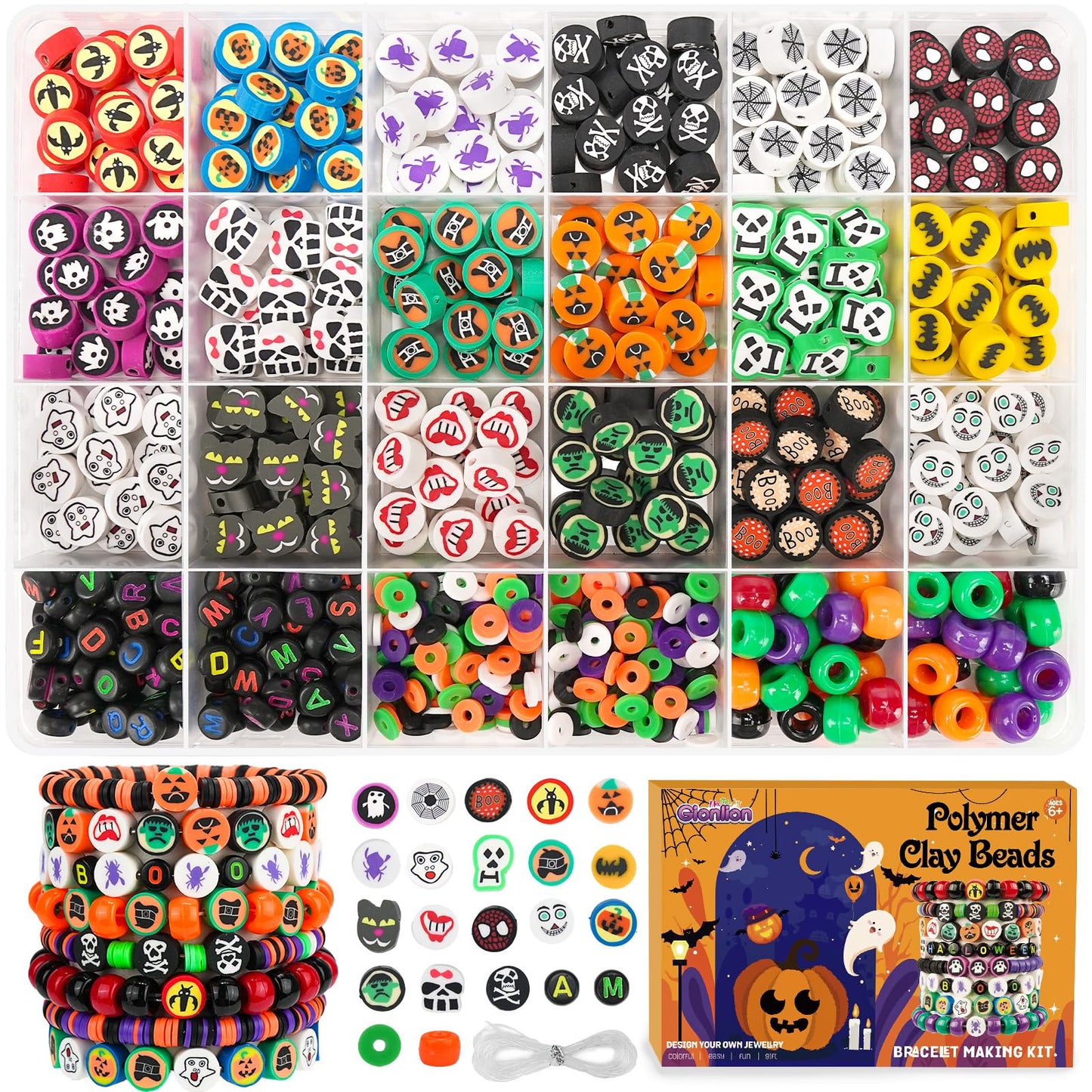 Gionlion 700 Pcs Halloween Polymer Clay Beads Bracelet Making Kit, Pumpkins Skulls Ghosts Spiders Bats Pony Letter Beads for Halloween Party Favors, Toys Gifts for 4+ Year Old Kids