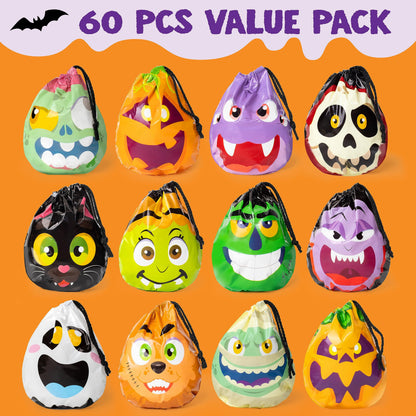JOYIN 60PCS Halloween Drawstring Treat Bags, Trick or Treating Goodie Candy Small Plastic Gifts Bags Bulk in 12 Cute Monster Designs, Kids Halloween Party Favors Supplies