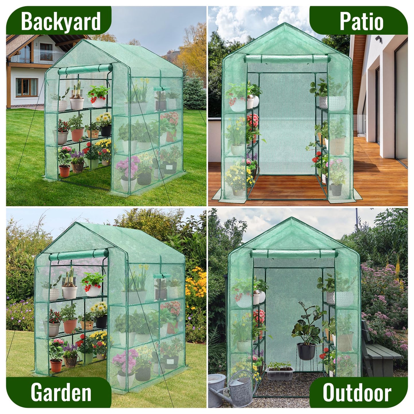 Greengro Greenhouse, 57 x 57 x 76'' Greenhouses for Outdoors, Durable Green House Kit with Window, Thicken PE Cover, 3 Tiers 8 Shelves, Heavy Duty Walk in Green Houses for Indoor Backyard Outside