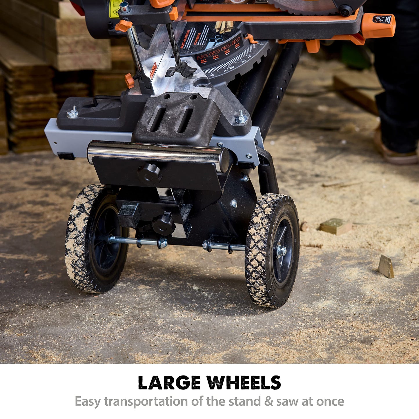 Evolution Power Tools Miter Saw Stand PLUS - Compact Folding Stand with Extendable Arms, Large Wheels, Universal Fittings for Most Brands Evolution, Makita, DeWalt, Bosch, Ryobi, Einhell and Metabo