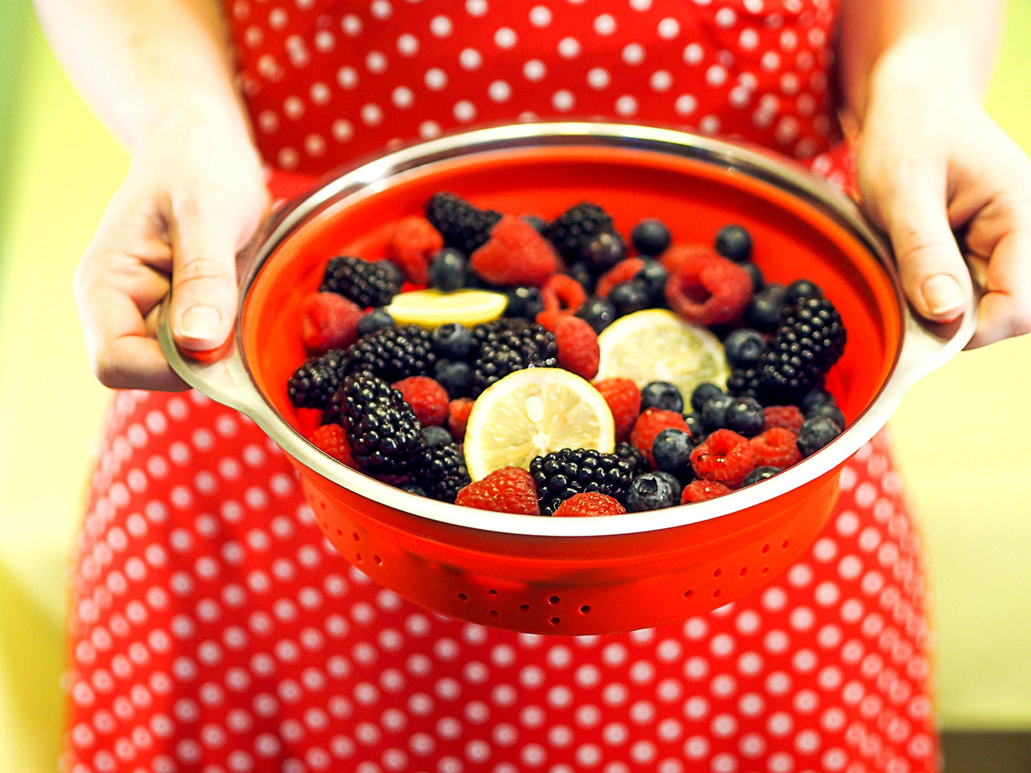 Collapsible Colander and Funnel - Stainless Steel Meets Red Silicone. RV Accessories for Inside, Camper Organization and Storage Idea, Motorhome, Camp or Travel Trailer, 5th Wheel, Boat, Small Kitchen