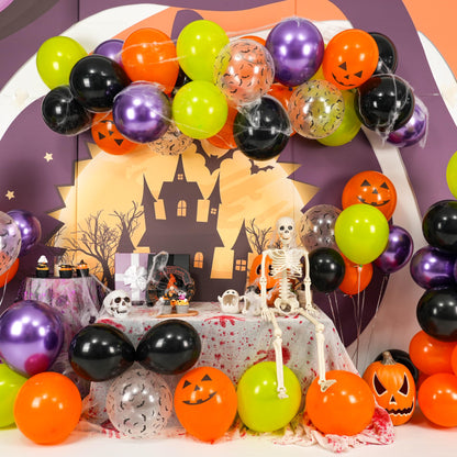Halloween Party Balloons, Black Orange Green Purple Party Balloons, Metallic Purple Balloon Bat Pumpkin Head Printed Balloon for Halloween Birthday Baby Shower Home Garden Party Decoration