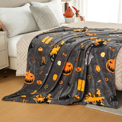 Edenleaf Halloween Blanket with Spooky Pumpkin Bat Ghost Spider Print, Soft Cozy Halloween Throw Blanket for Couch Bed Gifts Home Decoration, Fuzzy Warm Fleece Throws 50"x60" (Grey)